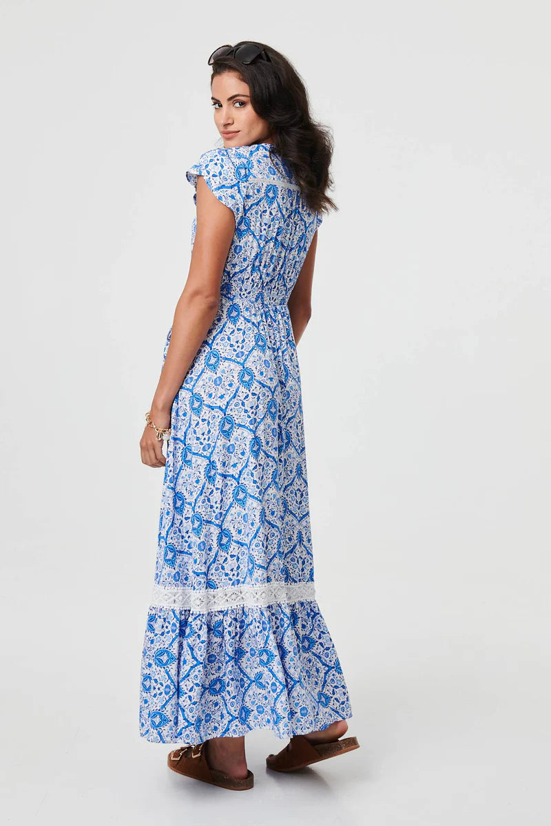 PRINTED CAP SLEEVE BUTTONED DRESS