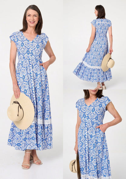 PRINTED CAP SLEEVE BUTTONED DRESS