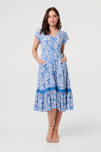 MIDI LACE DETAIL DRESS IN MULTI BLUE [PK-8]