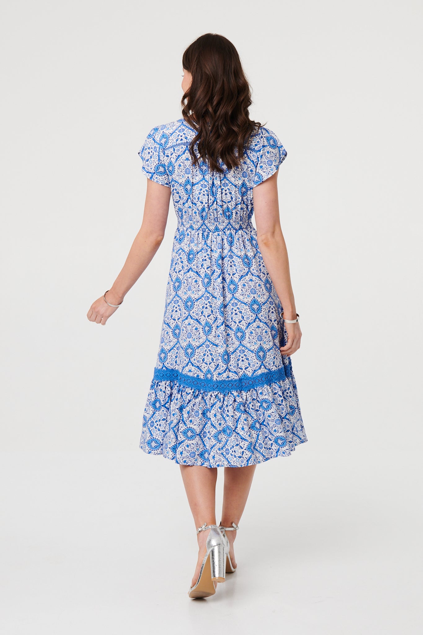 MIDI LACE DETAIL DRESS IN MULTI BLUE [PK-8]