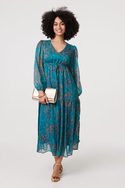 Printed Semi Sheer Empire Midi Dress in TEAL [PK-8]