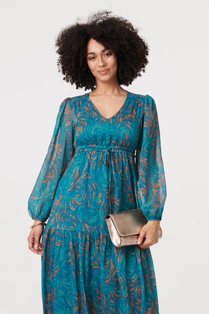 Printed Semi Sheer Empire Midi Dress in TEAL [PK-8]