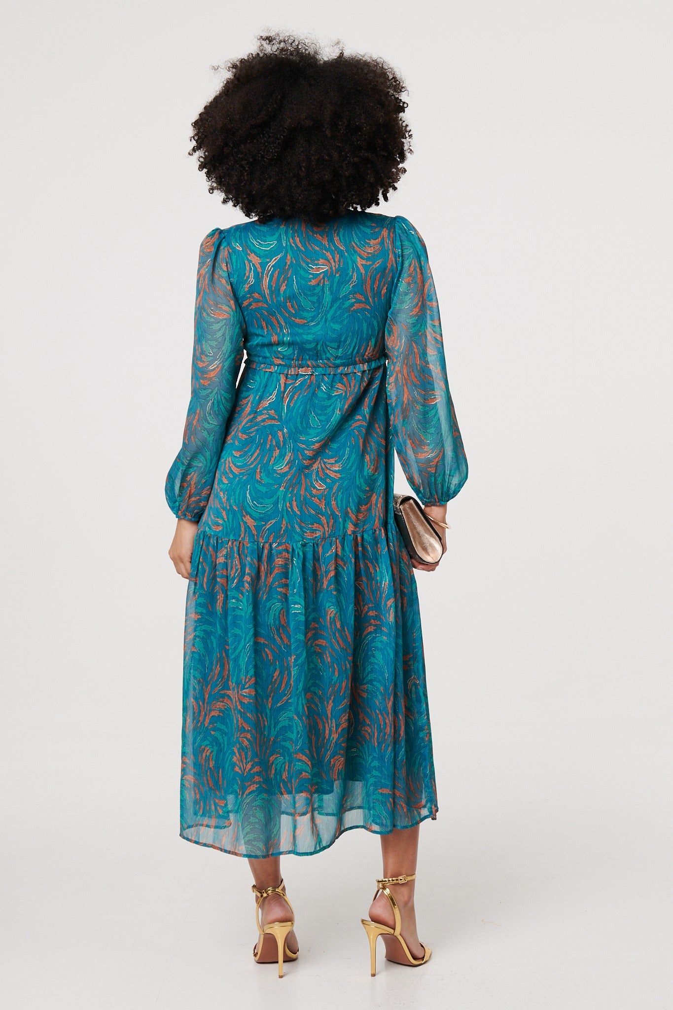 Printed Semi Sheer Empire Midi Dress in TEAL [PK-8]