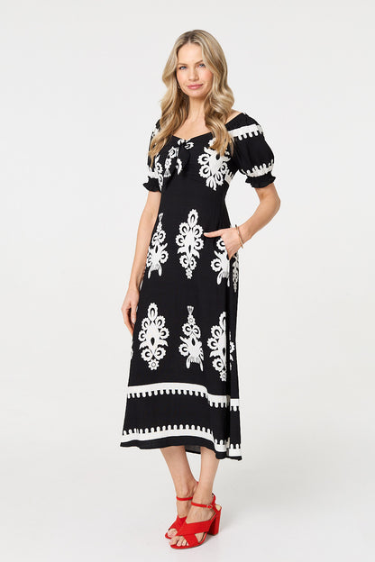 PRINTED PUFF SLEEVE TIE FRONT [PK-8]