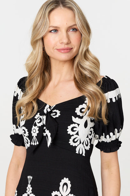 PRINTED PUFF SLEEVE TIE FRONT [PK-8]