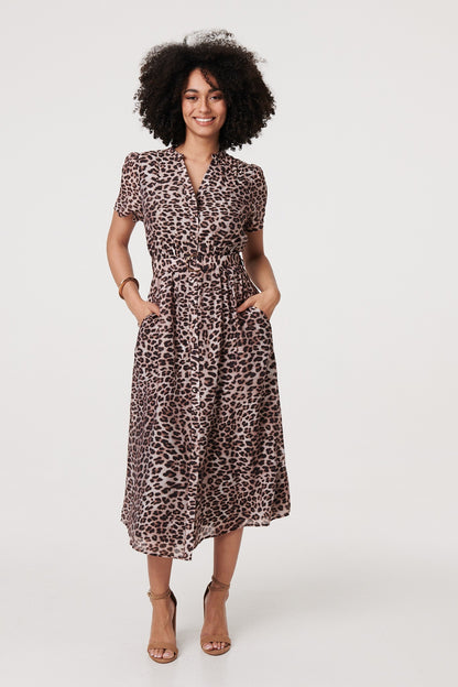 Animal Print Belted Midi Shirt Dress in BEIGE [PK-8]