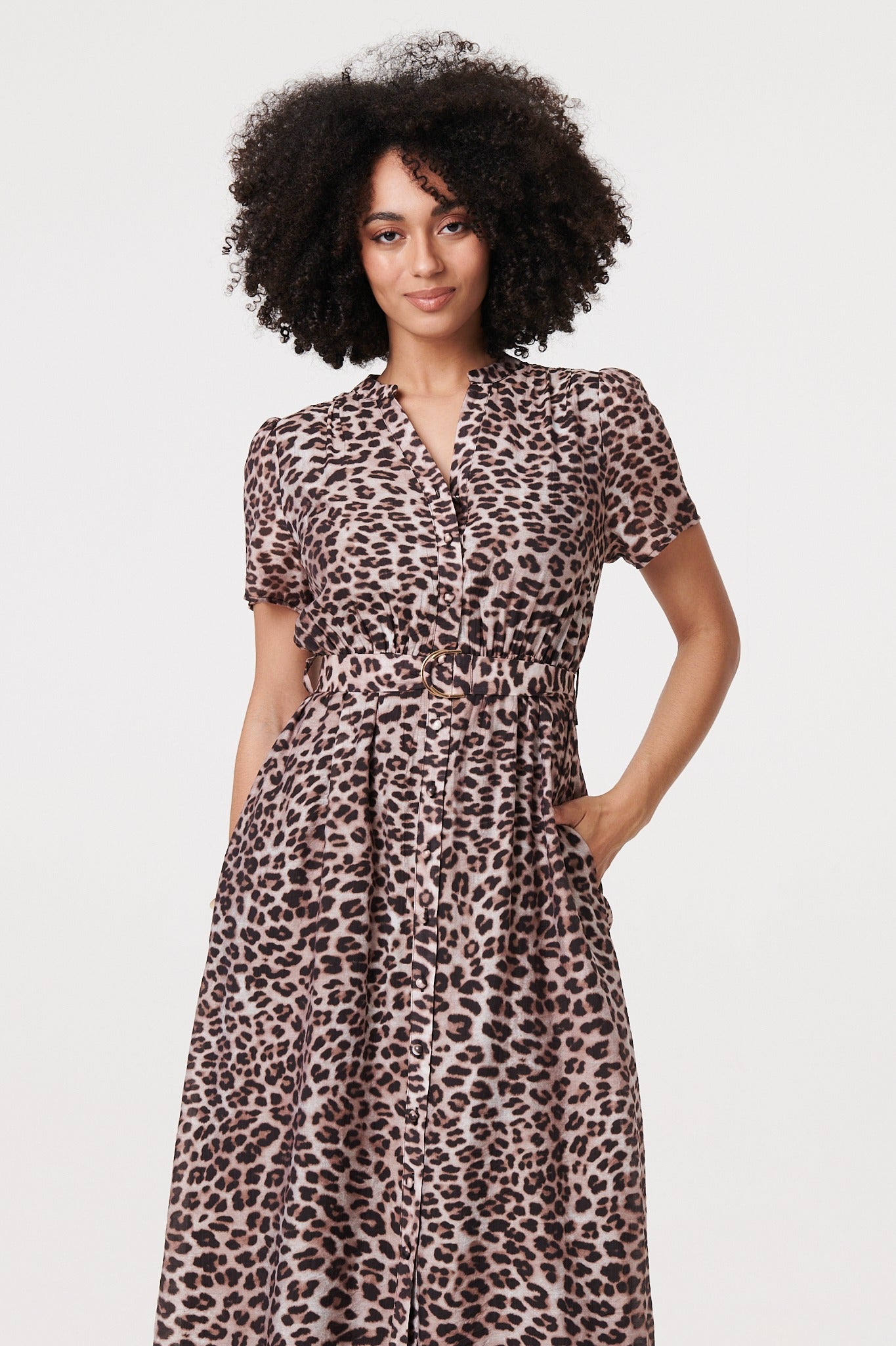 Animal Print Belted Midi Shirt Dress in BEIGE [PK-8]