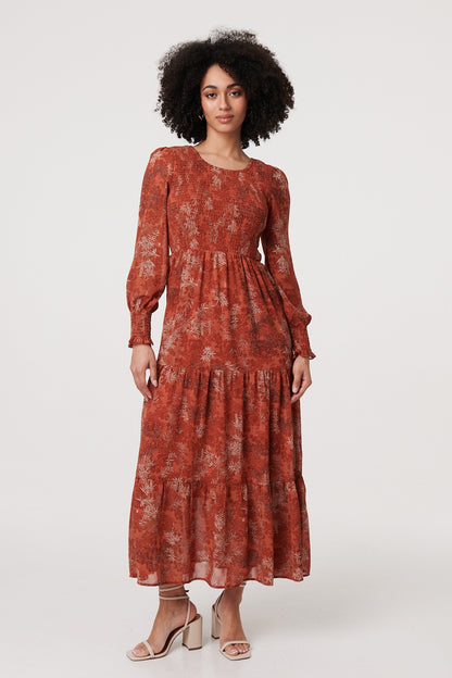 Printed Puff Sleeve Smocked Maxi Dress in MULTI ORANGE [PK-8]