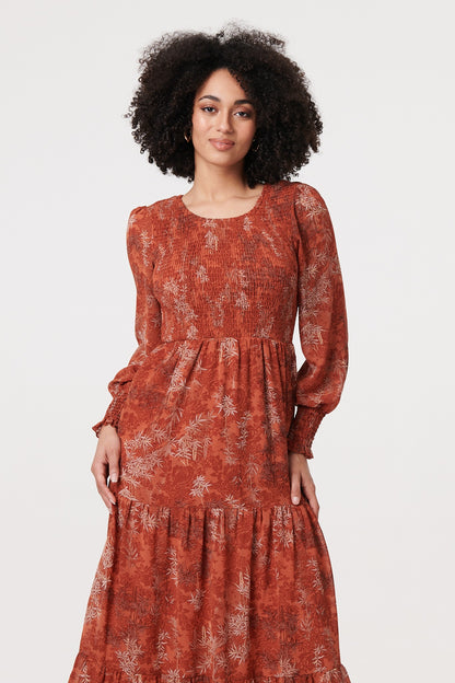 Printed Puff Sleeve Smocked Maxi Dress in MULTI ORANGE [PK-8]