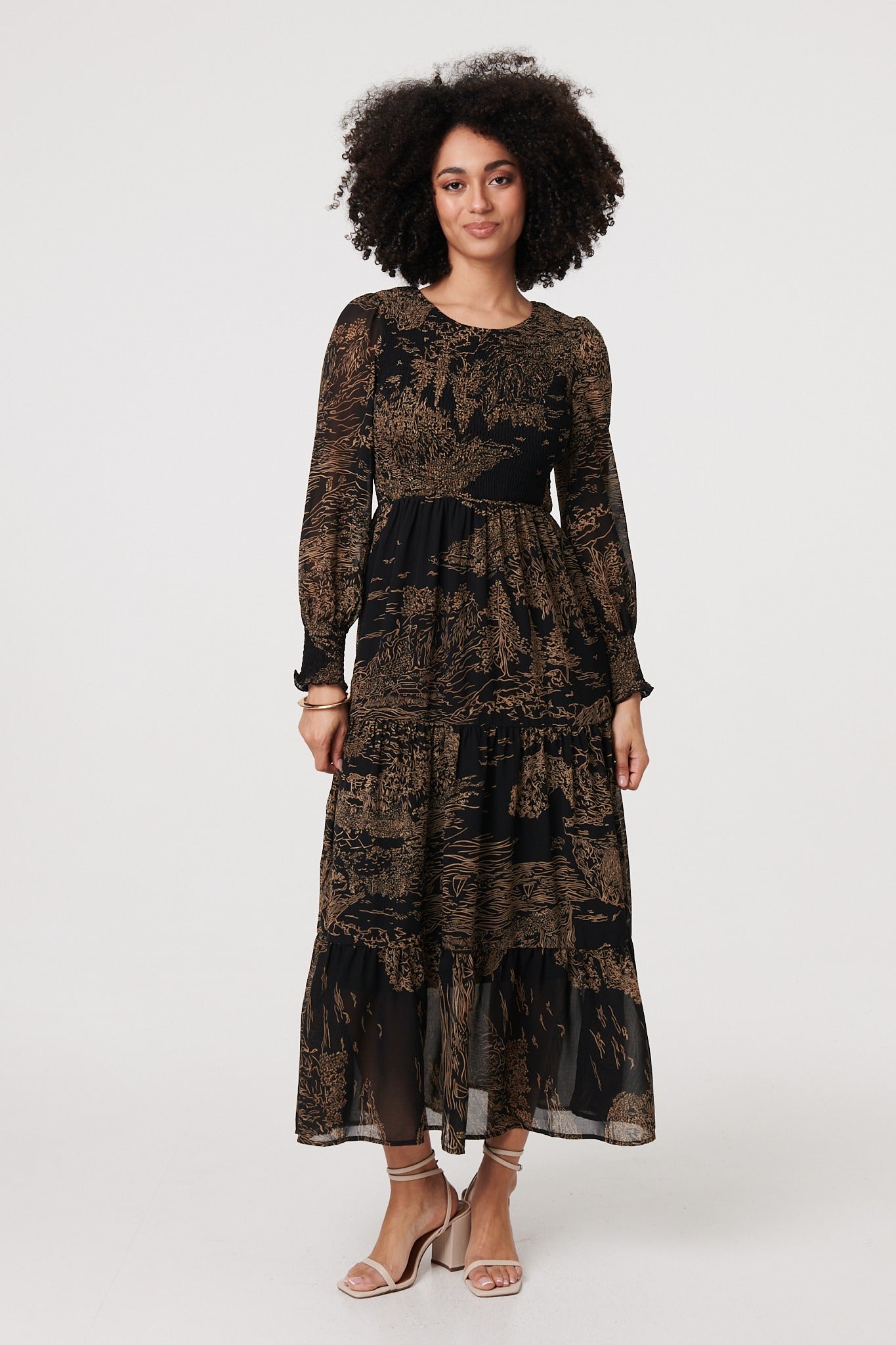 Printed Long Sleeve Tiered Maxi Dress in MULTI BLACK [PK-8]