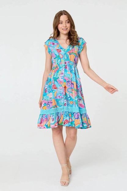 ABSTRACT PRINT BUTTON FRONT LACE TRIM DRESS [PK-8]