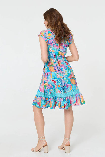 ABSTRACT PRINT BUTTON FRONT LACE TRIM DRESS [PK-8]