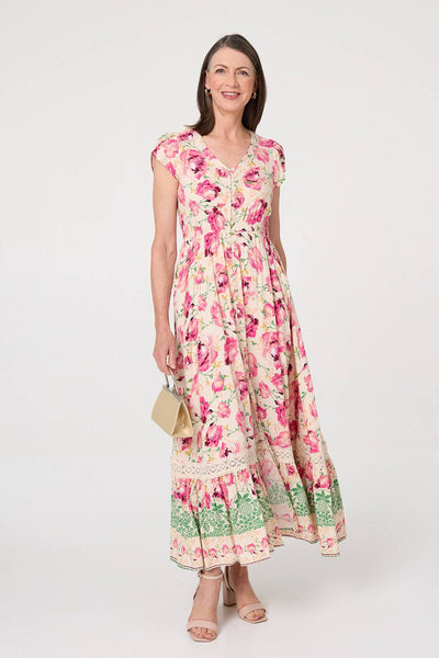 FLORAL CAP SLEEVE LACE DETAIL MAXI DRESS IN PINK [PK-8]