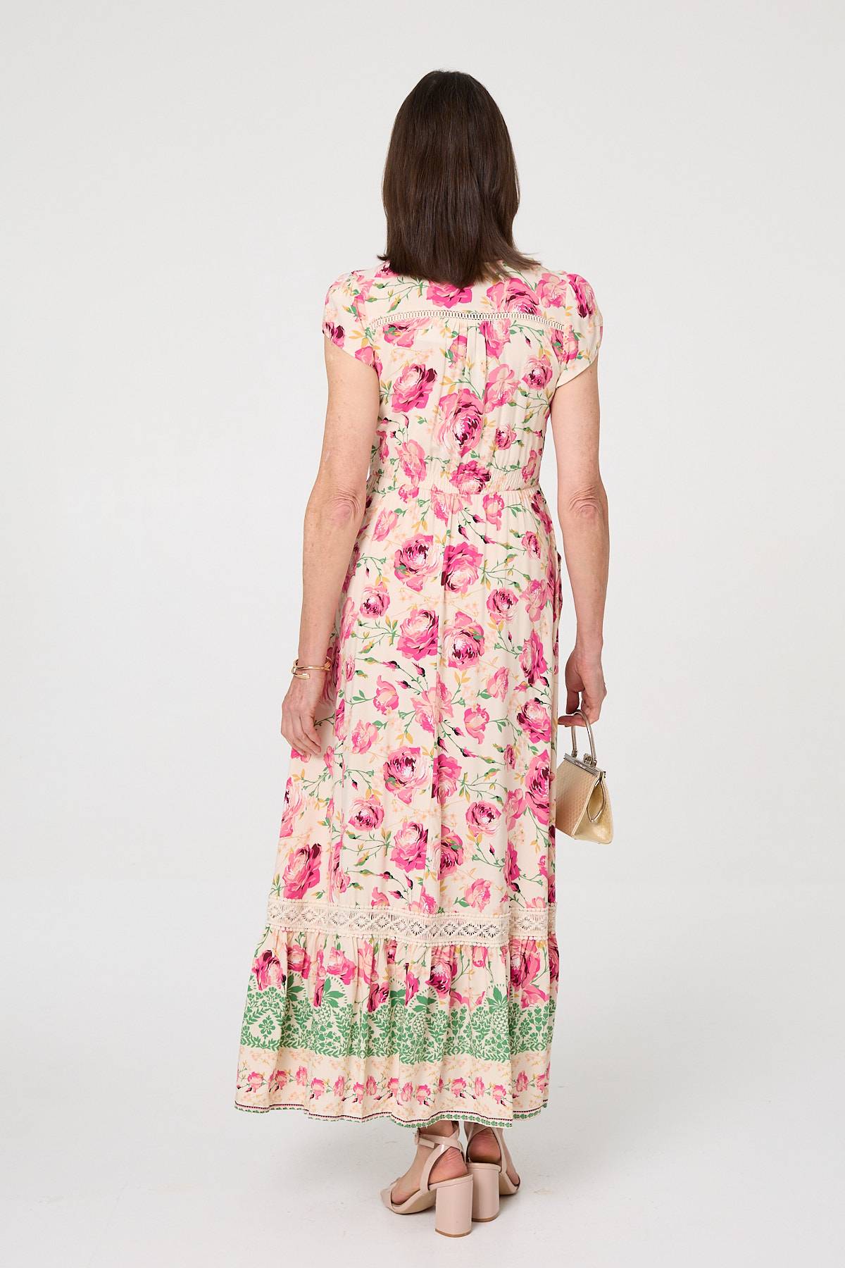 FLORAL CAP SLEEVE LACE DETAIL MAXI DRESS IN PINK [PK-8]