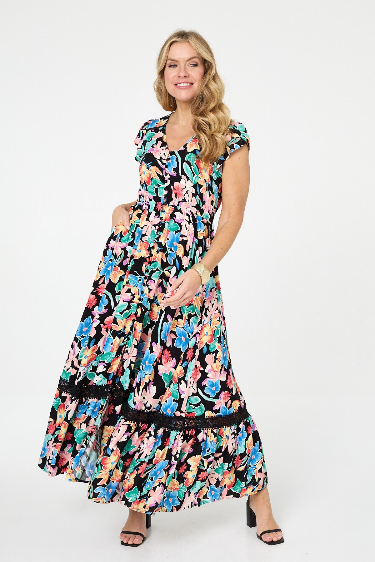 DITSY FLORAL CAPE SLEEVE LACE MAXI DRESS IN MULTI BLACK [PK-8]