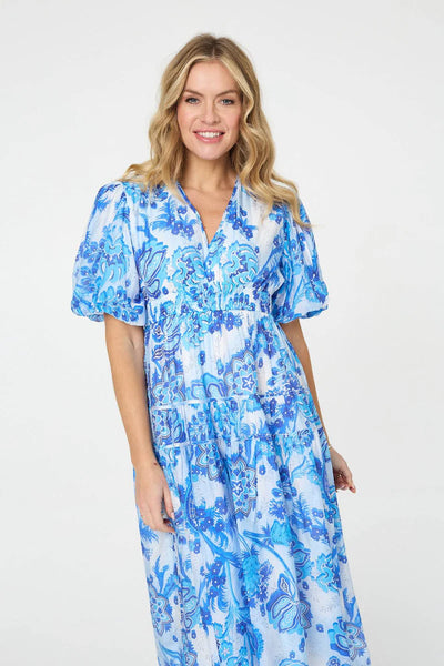 FLORAL TIERED 1/2 PUFF SLEEVE MIDI DRESS [PK-5]