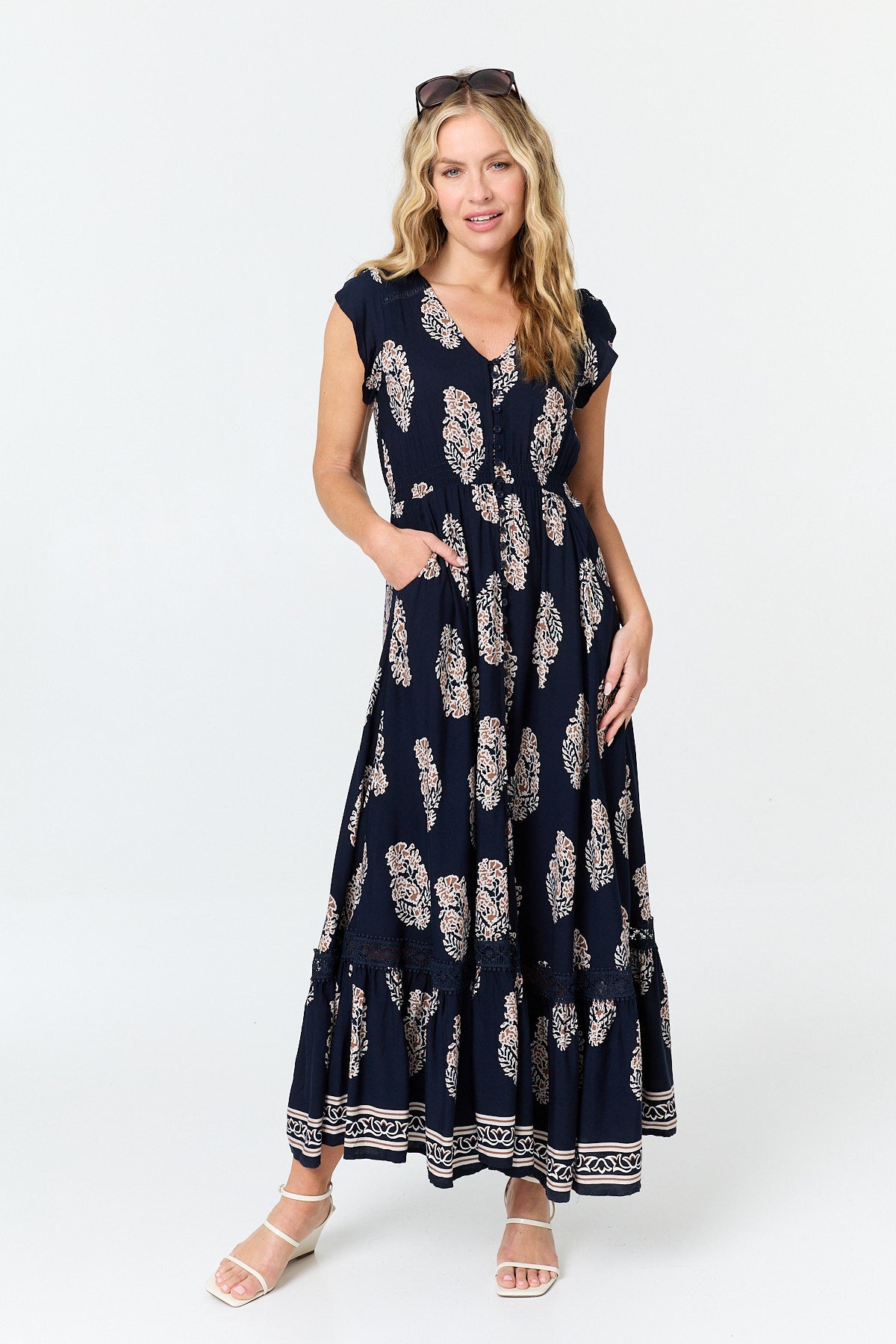 PRINTED CAP SLEEVE SHIRRED MAXI DRESS [PK-8]