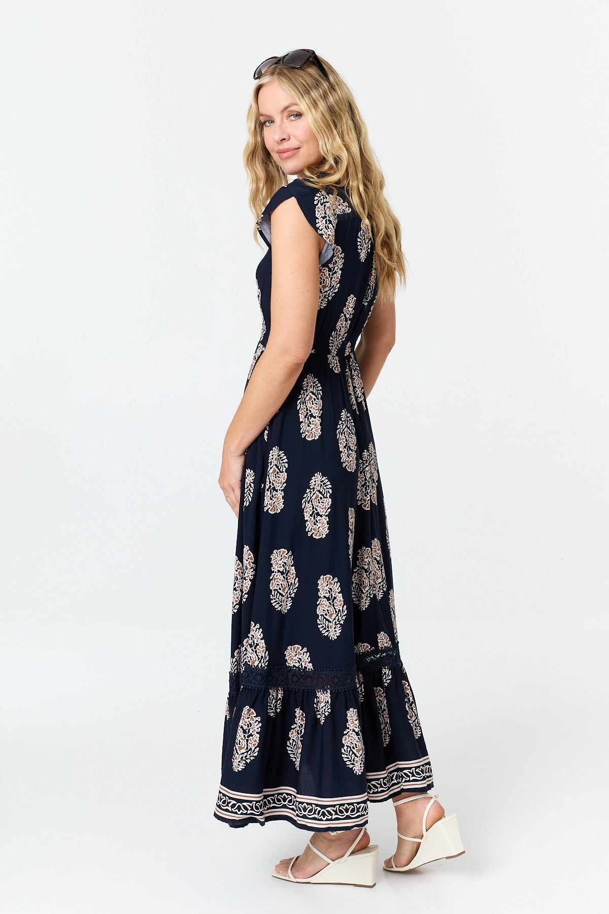 PRINTED CAP SLEEVE SHIRRED MAXI DRESS [PK-8]