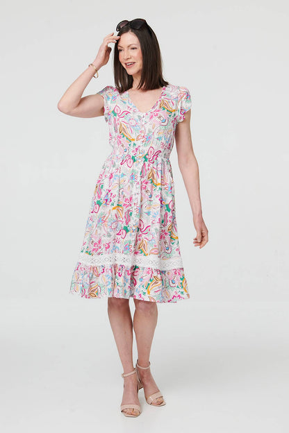 FLORAL PRINT SHIRRED DRESS [PK-8]