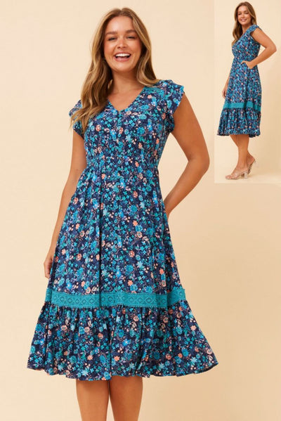 FLORAL PRINTED LACE CAP SLEEVE DRESS in MULTI NAVY [PK-8]