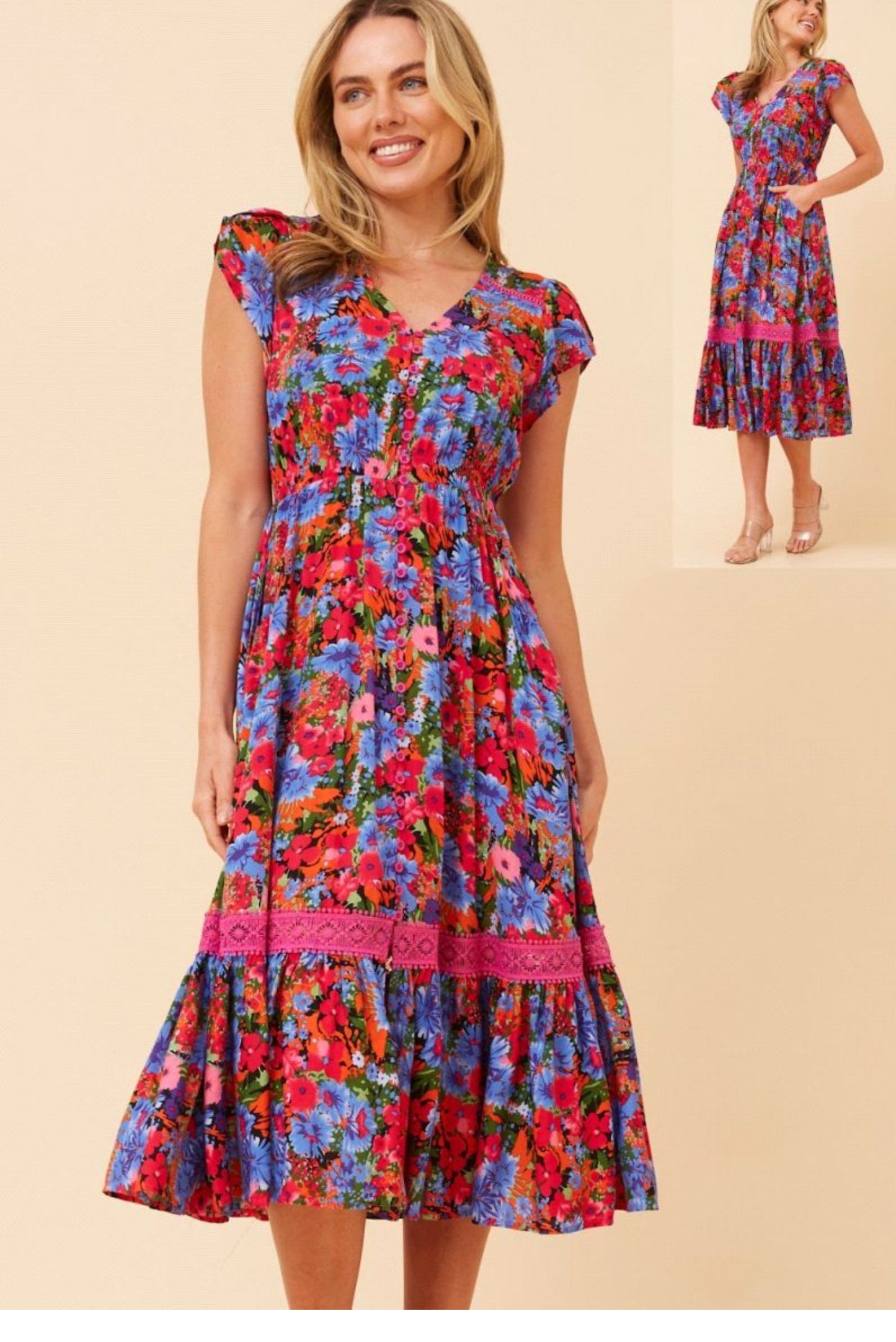 FLORAL PRINTED LACE CAP SLEEVE in PINK