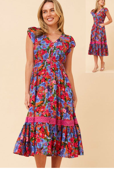FLORAL PRINTED LACE CAP SLEEVE in PINK