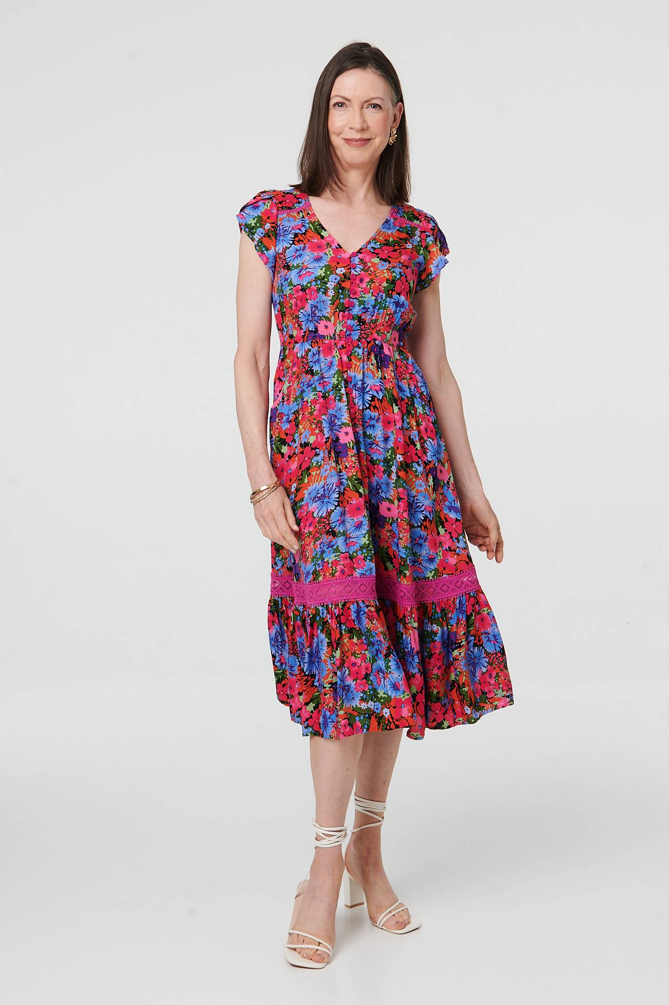 FLORAL PRINTED LACE CAP SLEEVE in MULTI PINK [PK-8]