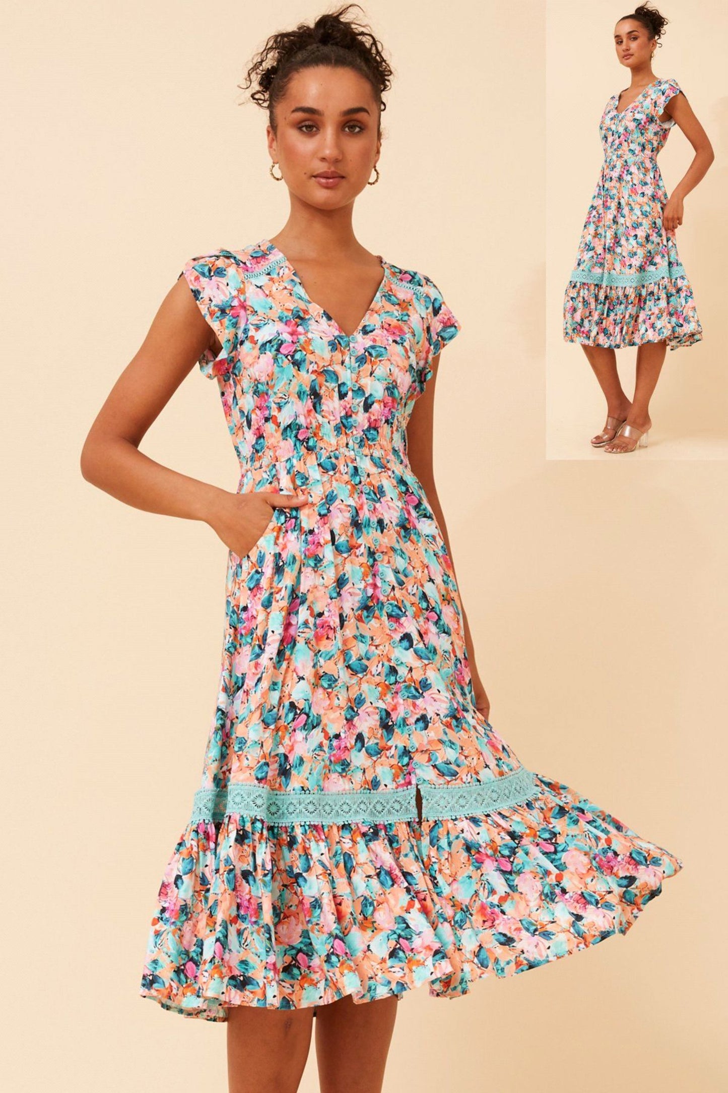 FLORAL CAP SLEEVE LACE DRESS