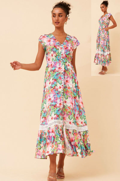 FLORAL CAP SLEEVE BUTTONED DRESS