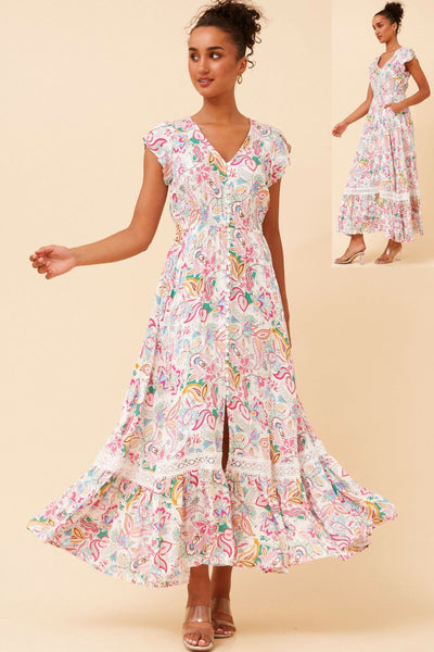 PRINTED CAP SLEEVE MAXI DRESS