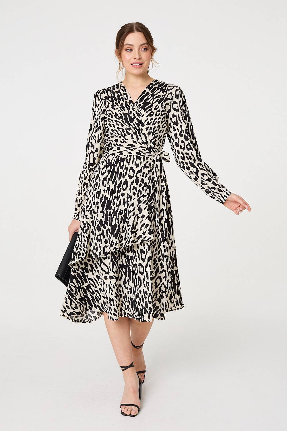 Animal Print Tie Waist Wrap Midi Dress in MULTI BLACK [PK-8]