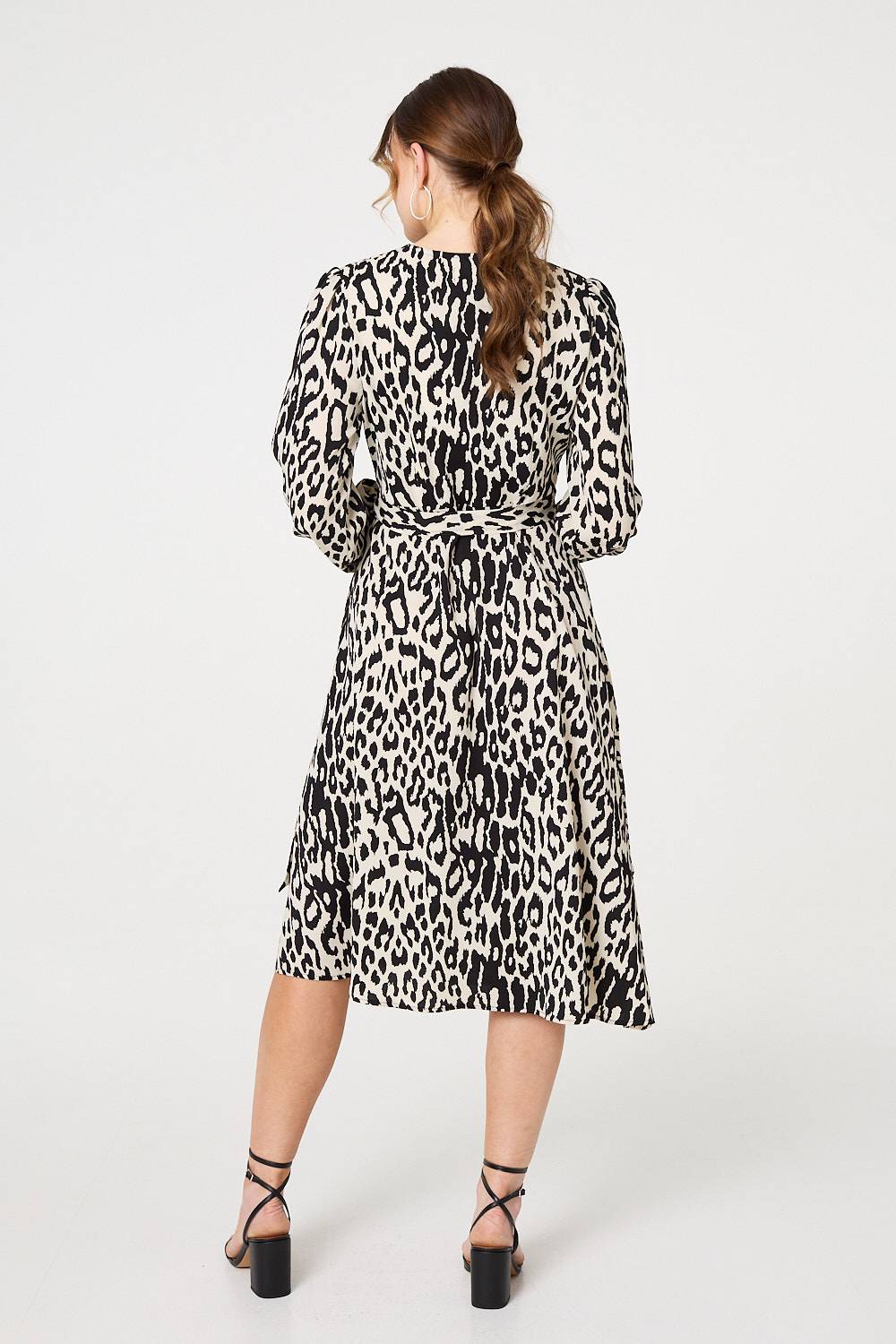 Animal Print Tie Waist Wrap Midi Dress in MULTI BLACK [PK-8]