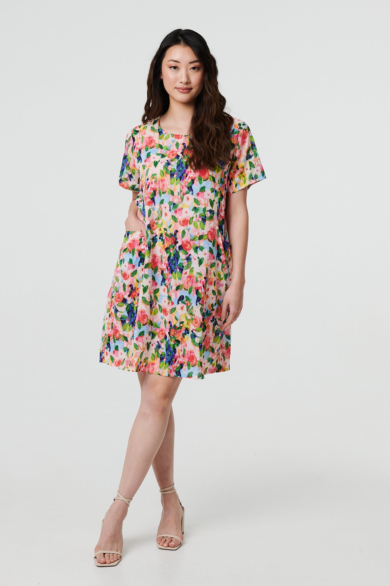 Floral Short Sleeve Short Shift Dress in MULTI PINK [PK-8]