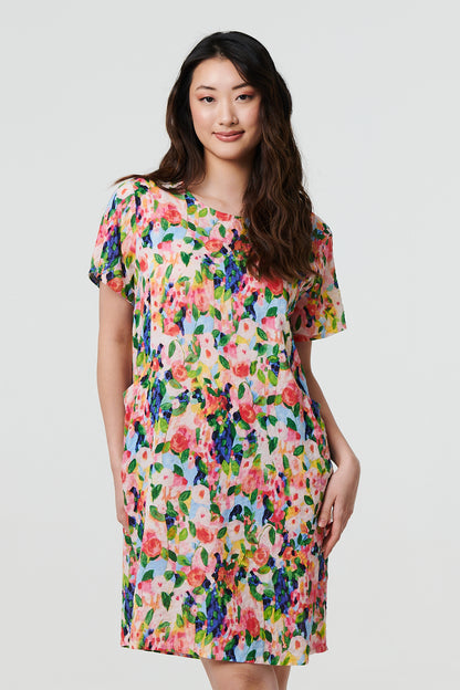 Floral Short Sleeve Short Shift Dress in MULTI PINK [PK-8]