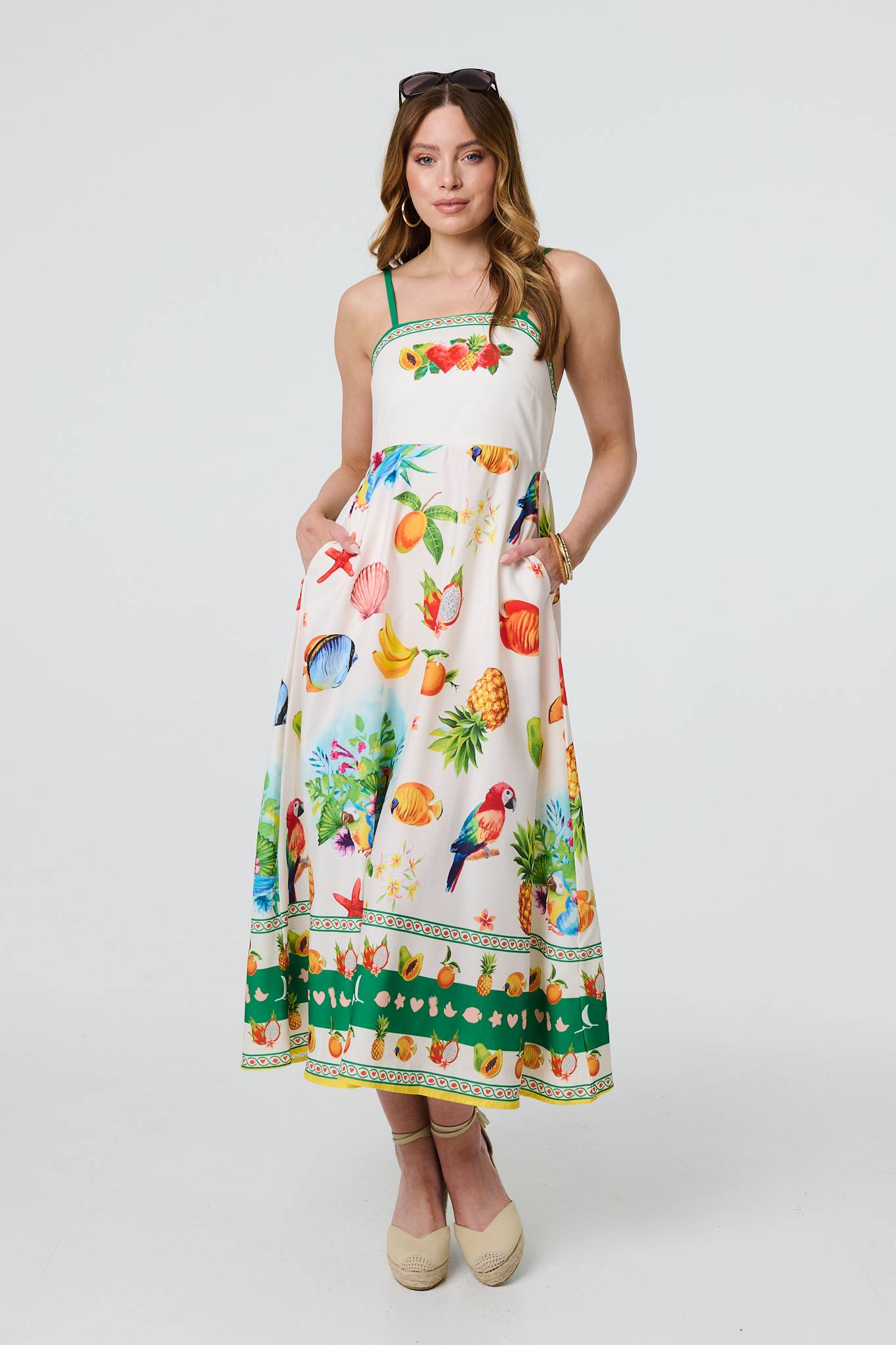 Tropical Print Cami Strap Midi Dress in MULTI GREEN[PK-8]