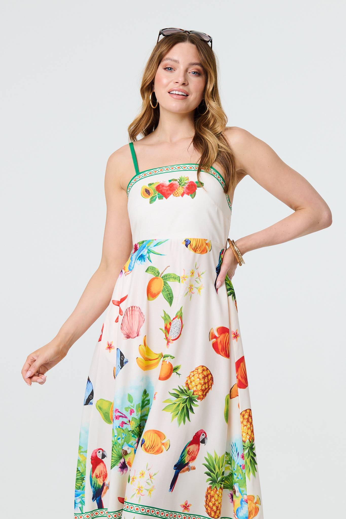 Tropical Print Cami Strap Midi Dress in MULTI GREEN[PK-8]