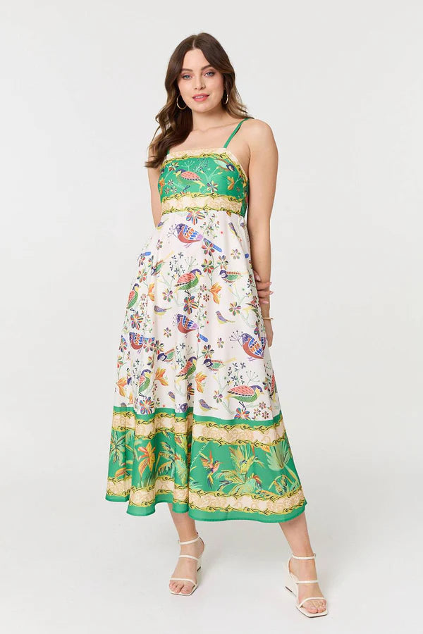 Printed A-Line Sleeveless Midi Dress in MULTI GREEN [PK-8]