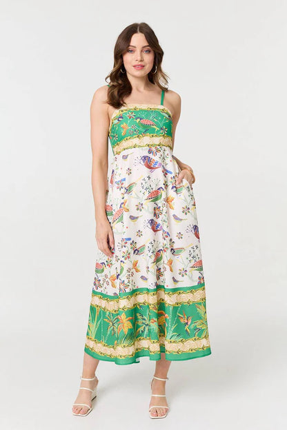 Printed A-Line Sleeveless Midi Dress in MULTI GREEN [PK-8]