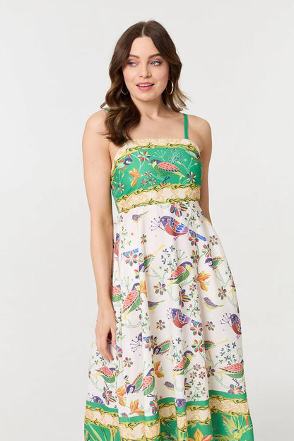 Printed A-Line Sleeveless Midi Dress in MULTI GREEN [PK-8]