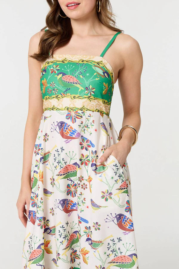 Printed A-Line Sleeveless Midi Dress in MULTI GREEN [PK-8]