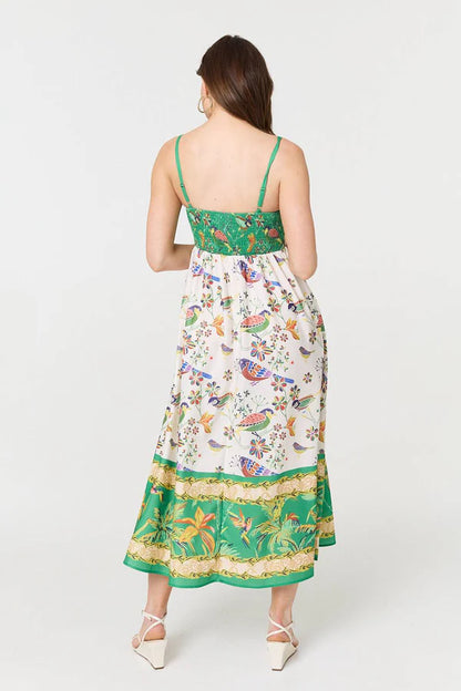 Printed A-Line Sleeveless Midi Dress in MULTI GREEN [PK-8]