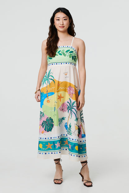 Tropical Print Cami Strap A-Line Midi Dress in MULTI GREEN [PK-8]