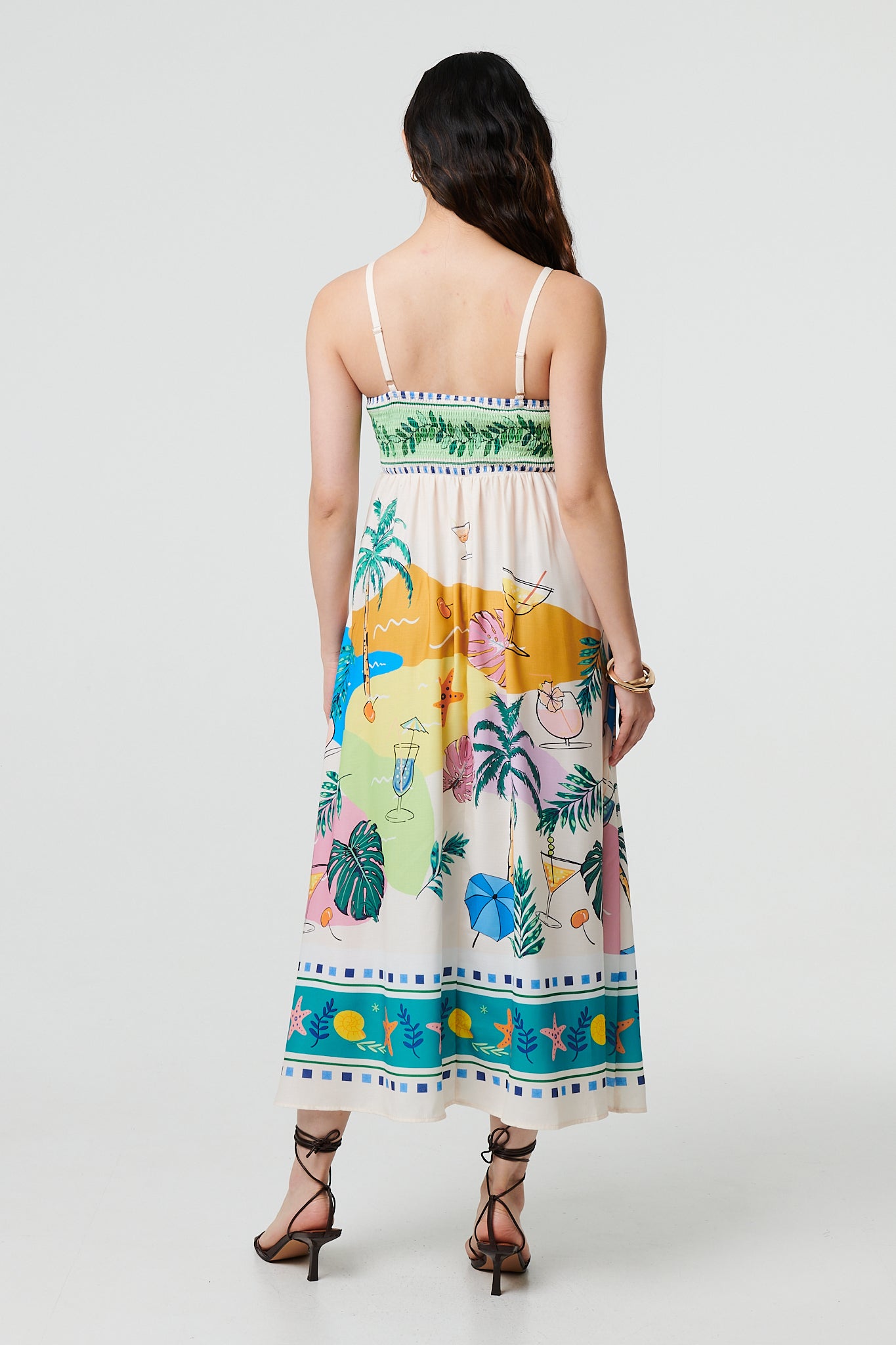 Tropical Print Cami Strap A-Line Midi Dress in MULTI GREEN [PK-8]