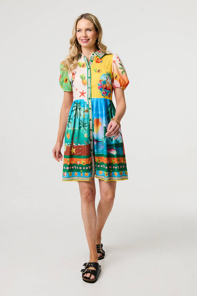 Tropical Puff Sleeve Short Shirt Dress in MULTI GREEN [PK-8]