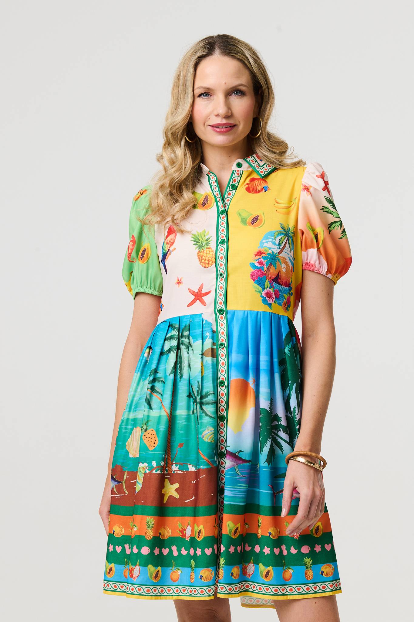 Tropical Puff Sleeve Short Shirt Dress in MULTI GREEN [PK-8]