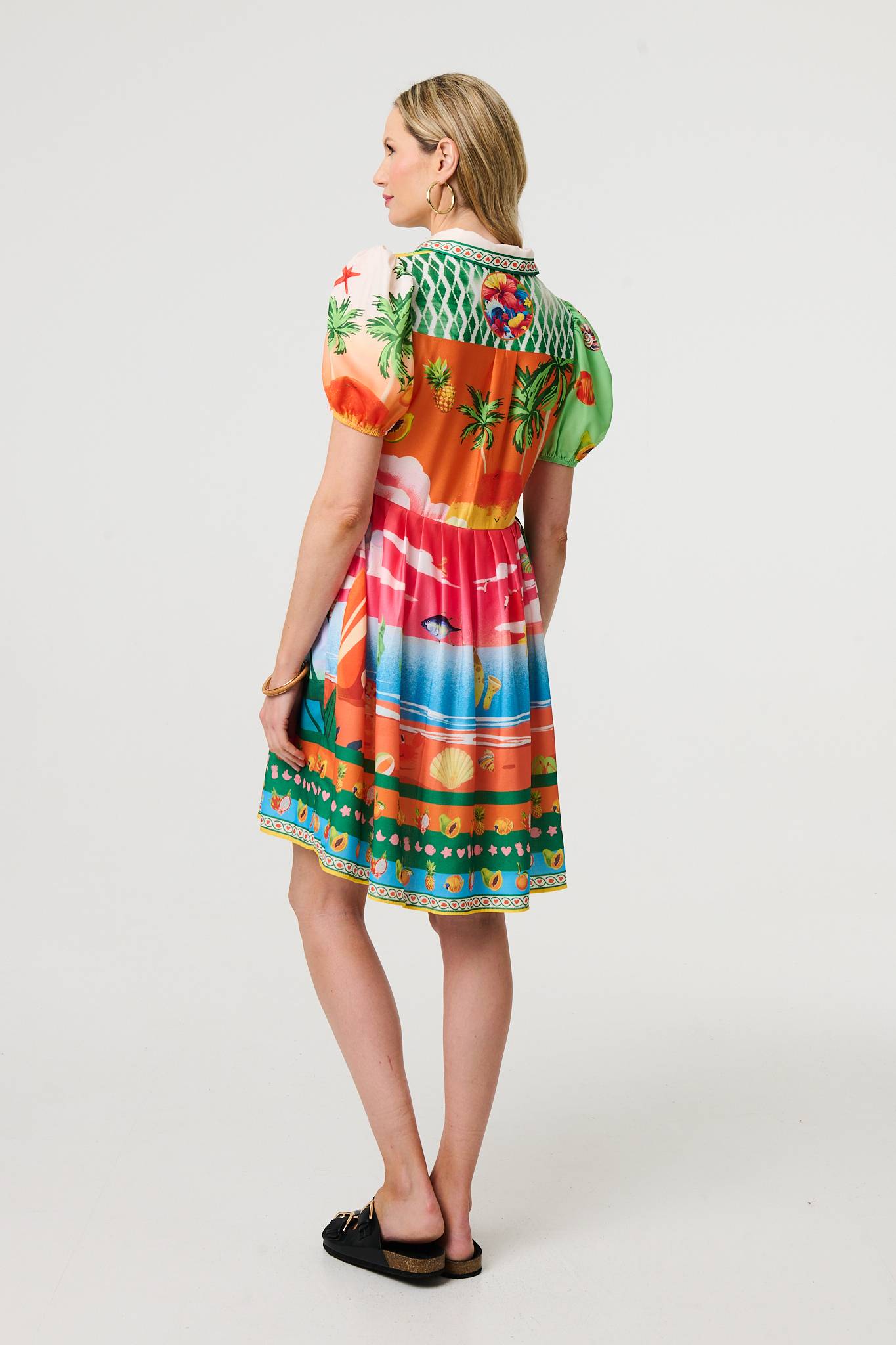 Tropical Puff Sleeve Short Shirt Dress in MULTI GREEN [PK-8]