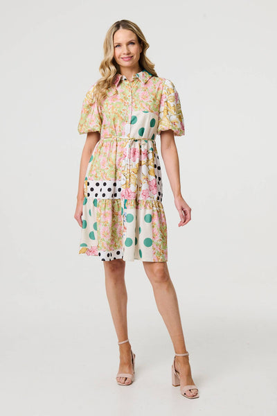 Patchwork Print 1/2 Puff Sleeve Shirt Dress in MULTI YELLOW [PK-8]