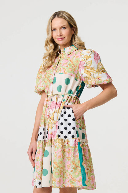 Patchwork Print 1/2 Puff Sleeve Shirt Dress in MULTI YELLOW [PK-8]