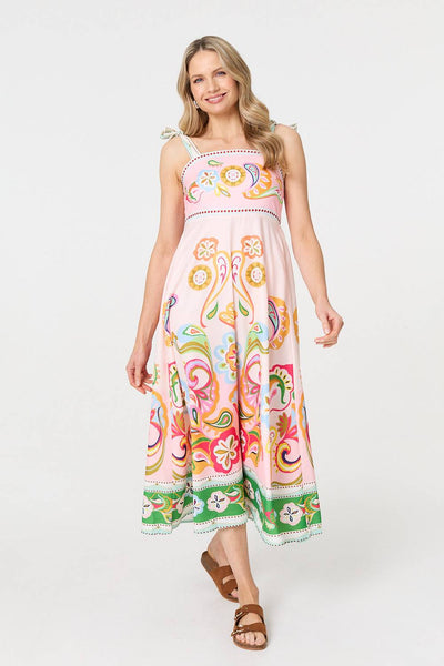 Printed Tie Strap Empire Midi Dress in PINK [PK-8]