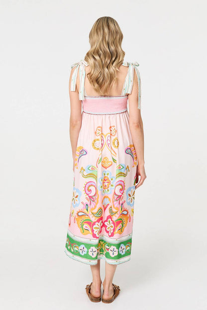 Printed Tie Strap Empire Midi Dress in PINK [PK-8]